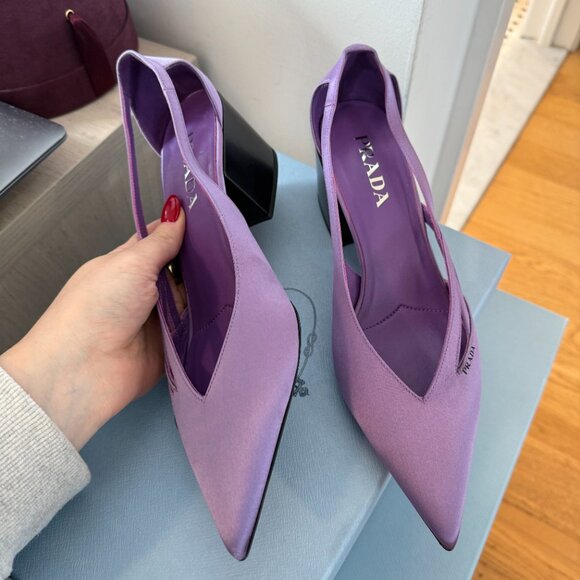 NWT Prada Pointed Toe Pumps Purple Satin Cut-out Sides Block Heels Sz 39 - Picture 4 of 7